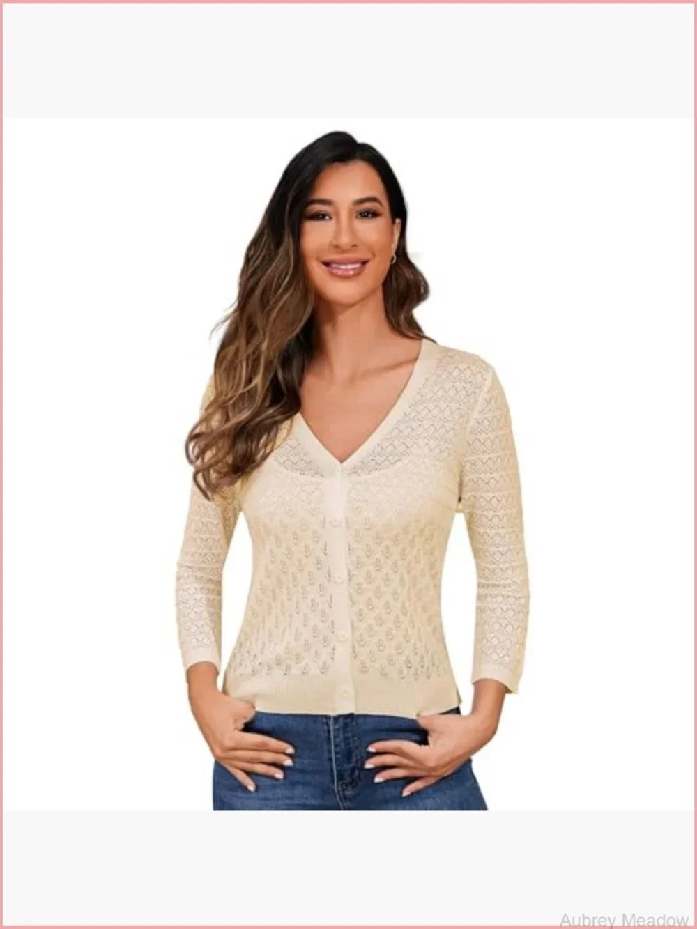 Lightweight Crochet Cardigan 3/4 Sleeve Cropped V Neck Button Shrug Knit Sweater - Picture 2 of 6